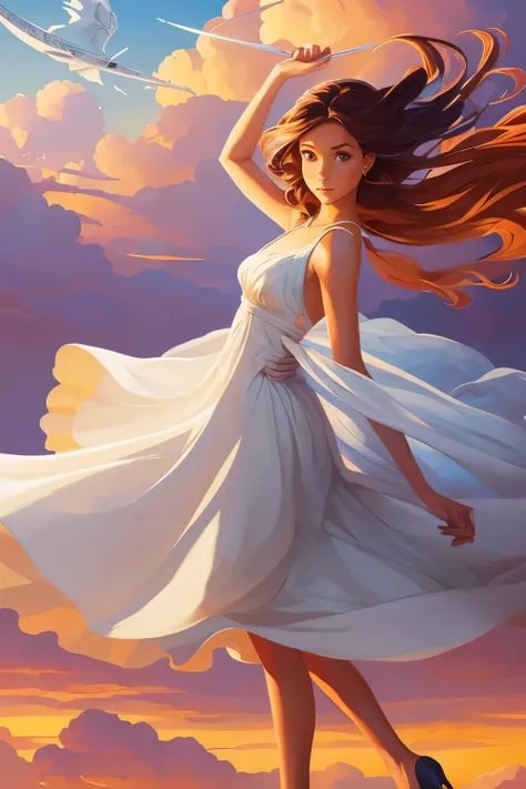 a painting of a woman in a white dress is flying through the sky, rhads and lois van baarle, moebius + loish + wlop, by Alexander Kucharsky, by Justin Gerard, rhads!!!, by loish, inspired by RHADS, by miles johnston, by RHADS, by Michael Sutfin