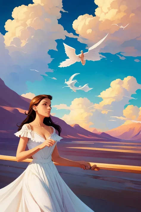 a painting of a woman in a white dress is flying through the sky, rhads and lois van baarle, moebius + loish + wlop, by Alexander Kucharsky, by Justin Gerard, rhads!!!, by loish, inspired by RHADS, by miles johnston, by RHADS, by Michael Sutfin