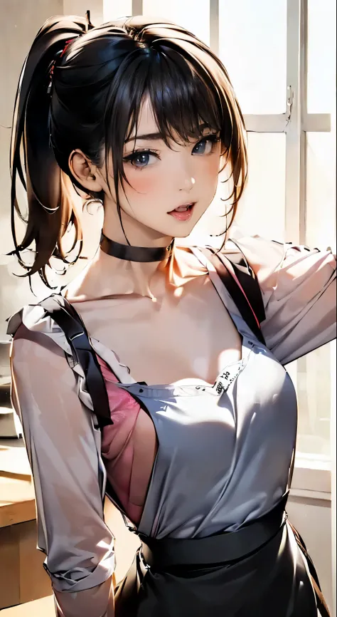 (masterpiece:1.2, highest quality), (realistic, photorealistic:1.4), beautiful illustrations, 
looking at the viewer, whole body, Front view:0.6, 
1 female, 20-year-old, Japanese, ((black hair、Semi-long ponytail:1.6)), thin waist、beautiful hair, beautiful ...