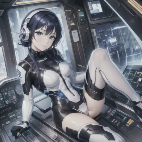 (masterpiece、highest quality、highest resolution、clear_image、detailed details、The angle is from above): (full body figure、solo、lonely girl、Japanese faces、shortcut、Dark blue hair girl、（perfect body：1.4）、sparkling blue eyes、Pilot suit in white and navy blue c...