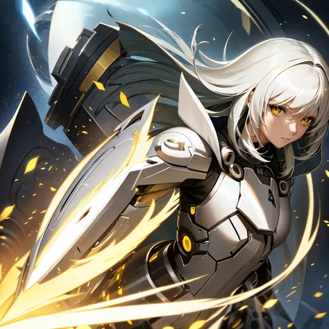 short hair, concentrated face, white hair, yellow eyes, combat suit, full white metal armor, android, human appearance, adult woman, cape, looking sideways, circular chest reactor