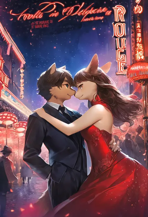 movie poster, movie artwork, concept art of love, romance novel cover, highres, top quality, best quality, perfect artwork, absurdres, perfect anatomy(couple, young 1male detective, 1woman in Chinese dress)(furry, kemono, anthro) in a city street at night,...