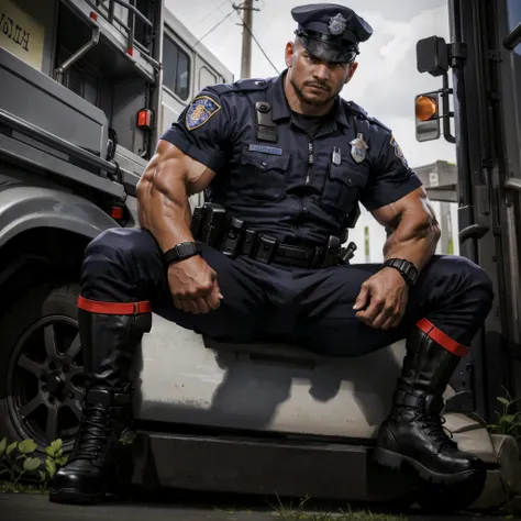 a (muscular), masculine, handsome (police officer) wearing a (tight police uniform) (sitting on the hood of a police cruiser) wi...