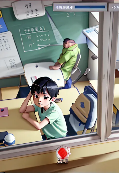 Cartoon scene of a boy sitting at a desk in the classroom, anime stills, Screenshots from animated movies, Still from TV animation, Anime movie stills, Still from anime, Xin Haicheng&#39;s style, Inspired by Goro Fujita, Typical animation classroom, in Xin...