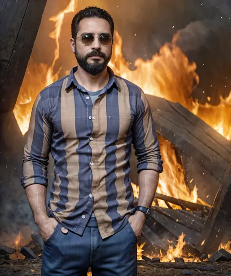 Obra maestra, desenfoque de campo, Parte superior del cuerpo, hands in pants pockets , 38 year old man with beard and square sunglasses. Man wearing a plaid shirt in an action movie with a fire storm in the background. Hay una nave extraterrestre en el cie...