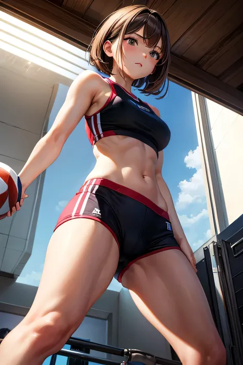 Beauty、volleyball player、brown hair bob、((whole body))、(((photo taken from below)))、gym