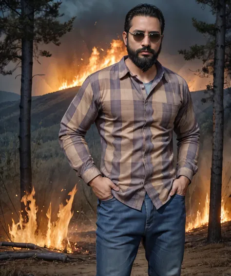 Obra maestra, desenfoque de campo, Parte superior del cuerpo, hands in pants pockets , 38 year old man with beard and square sunglasses. Man wearing a plaid shirt in an action movie with a fire storm in the background.