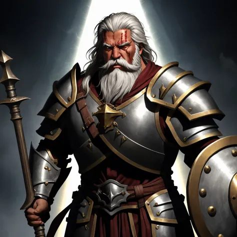 Zumbified huge old paladin in rage, holds a mace and shield, wears complete worn heavy armor, gree rays of light, red eyes, red skin, white beard, dark background high definition, High Fantasy, rpg