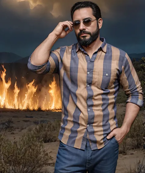 Obra maestra, desenfoque de campo, Parte superior del cuerpo, hands in pants pockets , 38 year old man with beard and square sunglasses. Man wearing a plaid shirt in an action movie with a fire storm in the background.