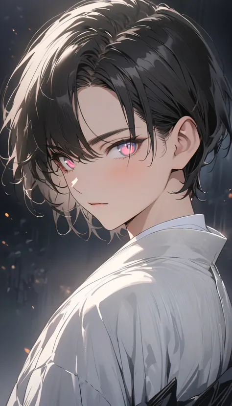 (highest quality、masterpiece、High resolution、detailed), (Shining eyes、detailed beautiful face)､beautiful anime、BREAK,There is a young man, with black hair, look to the side, In the dark air, masterpiece, highest quality, 1 person,male focus, good looking, ...