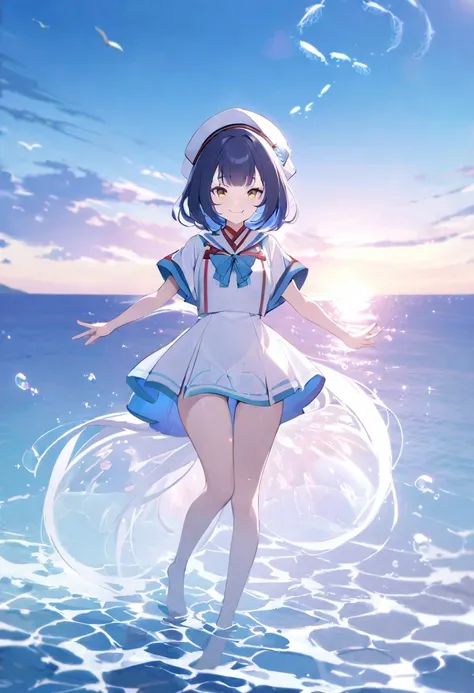 ((shylily)). (muste piece), (best quality), very detailed, 1 girl, perfect face, (solo full body shot:1.3), very detailed顔, (in water:1.4)，(white dress:1.5)，Ocean，School of small fish，Light，bubble，jellyfish，Ocean algae，Red fish，Yellow fish，Deep Ocean，fanta...