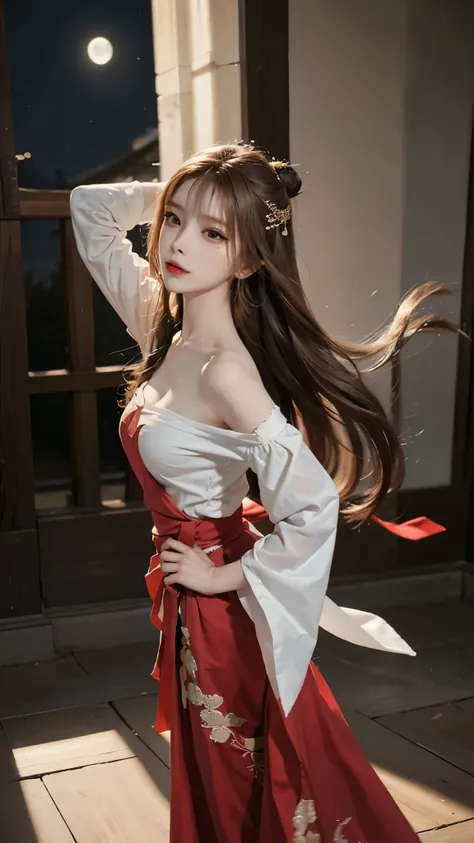 masterpiece,real photos，(solo) Real light and shadow，Backlight，Contour light，Shallow depth of field。night time,Chinese beauty with long straight reddish brown hair,looking into camera, Wearing gorgeous off-shoulder Hanfu,The moonlight shines on the skin of...