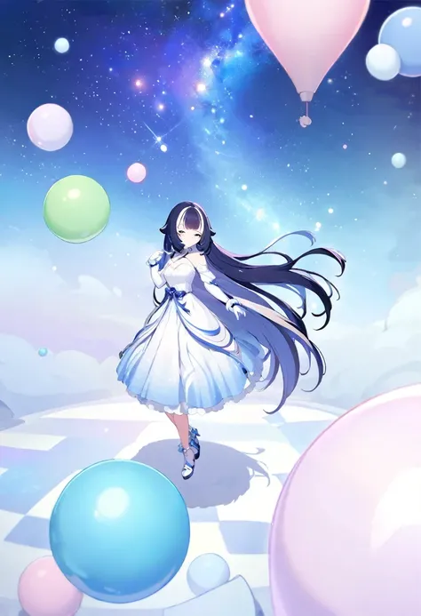 ((shylily)).[(white background:1.5),::5] (isometric:1.0),(( wide shot, full body)),//1 girl, dressed elegantly in a white dress with lace, transparency, white gloves, kawaii rpg, official art, gacha banner, the background is the night sky full of stars shi...