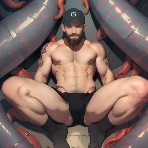 high quality, athletic hairy body, man inside stomach, man getting swallowed up by giant worm, basement full of tentacles, sprawling on flesh floor, tan skin, male, beard, gym, white dirty crew socks, 1boy, navel, solo, brown eyes, mens white underwear, sh...