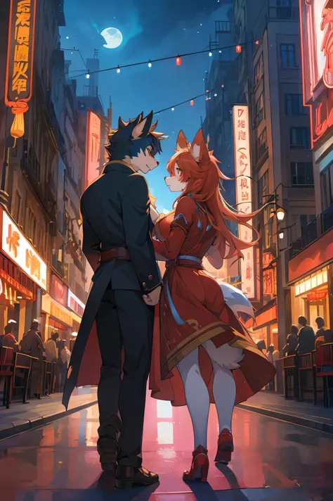 movie poster, movie artwork, concept art of love, romance novel cover, highres, top quality, best quality, perfect artwork, absurdres, perfect anatomy(couple, young 1male detective, 1woman in Chinese dress)(furry, kemono, anthro) in a city street at night,...