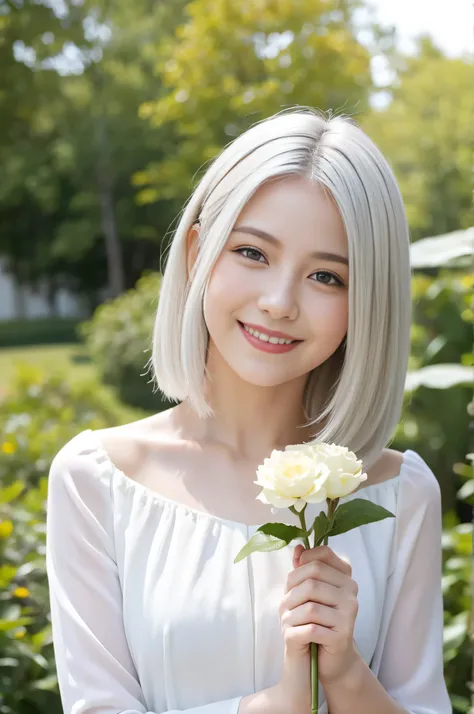 masterpiece, best quality, 1girl, white hair, smiling, looking at viewer, adult, fully mature, holding flower