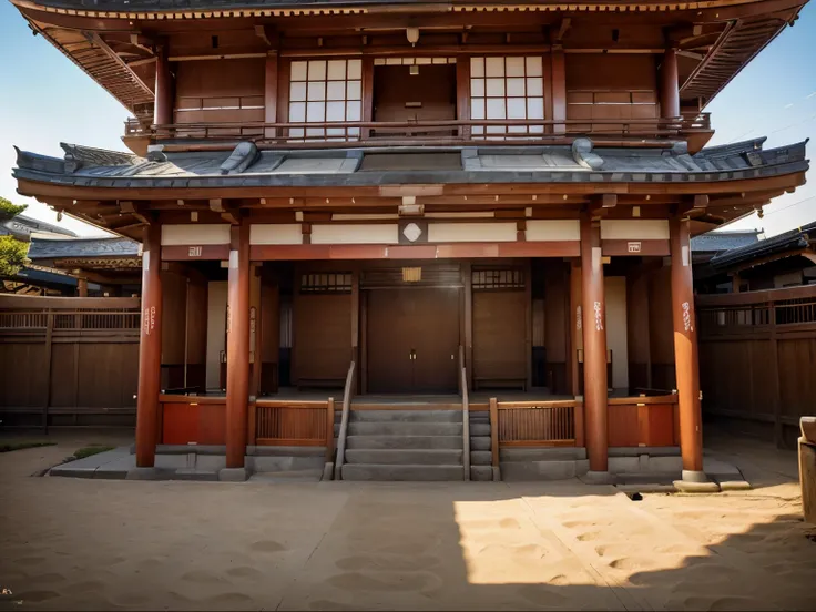 A stunning, high-resolution image of a  Japanese sumo temple is adorned in a vibrant, full-color with intricate patterns and designs. , enigmatic front view aspect, creating a serene and mystical atmosphere., photo, cinematic, vibrant