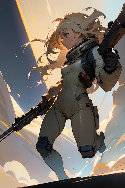 Angry sxy Blonde woman space ranger, dynamic running hunting, ultra dirty clothing, very dusty uniform and battle worn, full body shot head to foot, exploring a dry rocky almost barren ice planet, running 3/4 profile left, holding a long barrel multi-shot ...