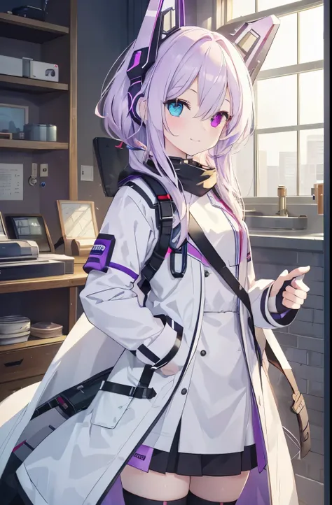 lilac hair，（Heterochromia：5），（Left eye is red：5），（Right eye is blue：5），（15 year old girl：10），petite，Smile，standing posture，sleepy，android，（White coat：10），black stockings，indoor，dim，AI，Mechanical headgear，Front view