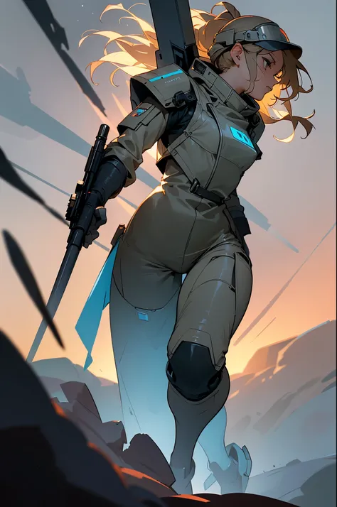 Angry sxy Blonde woman space ranger, dynamic running hunting, ultra dirty clothing, very dusty uniform and battle worn, full body shot head to foot, exploring a dry rocky almost barren ice planet, running 3/4 profile left, holding a long barrel multi-shot ...