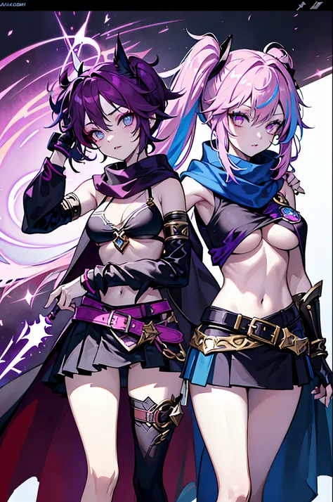 league of legend female character, hyper league of legend art style, void magic student, ((underboobs, cloak, mini skirt, badge, hand glove, belt, armlet, scarf)), ((colorful twintails, colorful pupil, stripe make up, perfect body shape)), (evil aura, vine...