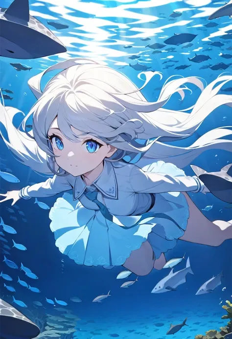 best quality,ultra-detailed,full-body portrait,perfect face,beautiful girl,detailed eyes,flowing hair,hovering:1.4,underwater:1.4,hovering:1.3,ocean floor,school of fish,light,stingray,seaweed,deep sea,fantastic