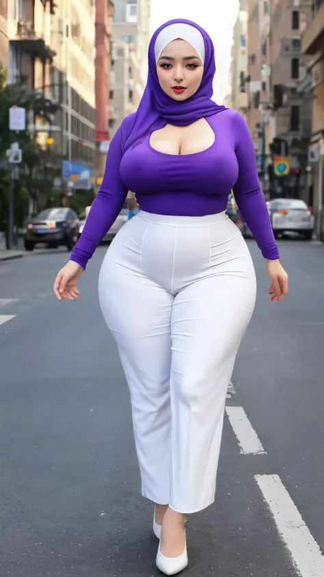 perfect full naked curvy chubby thicc body (full purple hijab) asia adult women, realistic beautiful face detailed, perfect blue eyes detailed wearing eyeglass, realistic natural lips, realistic naked curvy hijab white skin, perfect curvy long tall thicc b...