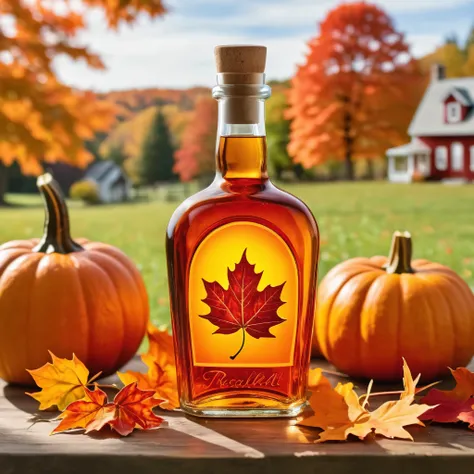 A maple tree ablaze with fiery foliage graces the glass bottle, set amidst a charming pumpkin patch and quaint country cottage.