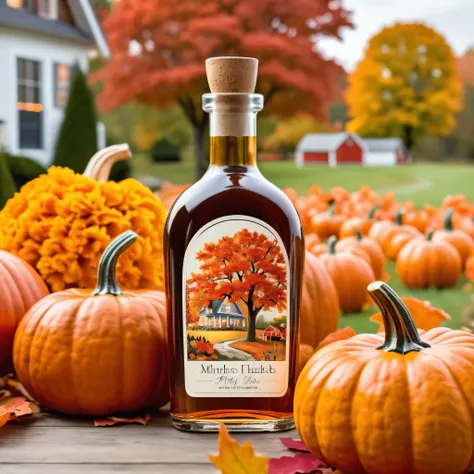 A maple tree ablaze with fiery foliage graces the glass bottle, set amidst a charming pumpkin patch and quaint country cottage.