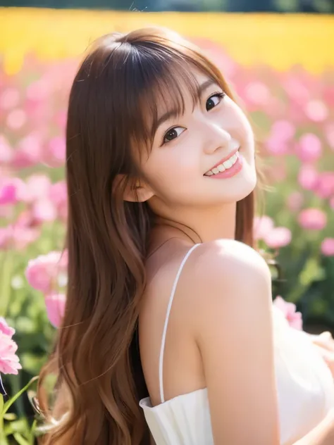 A beautiful Japanese shy girl, age 20 years old, light honey long hair, brown eyes, shiny lip, shiny hair and shiny body, wearing shiny white babydoll dress, in Vast flower fields, light shine in, ecstatic expression, Photo with blurred background