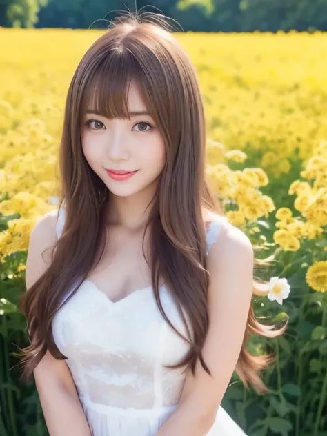 A beautiful Japanese shy girl, age 20 years old, light honey long hair, brown eyes, shiny lip, shiny hair and shiny body, wearing shiny white babydoll dress, in Vast flower fields, light shine in, ecstatic expression, Photo with blurred background