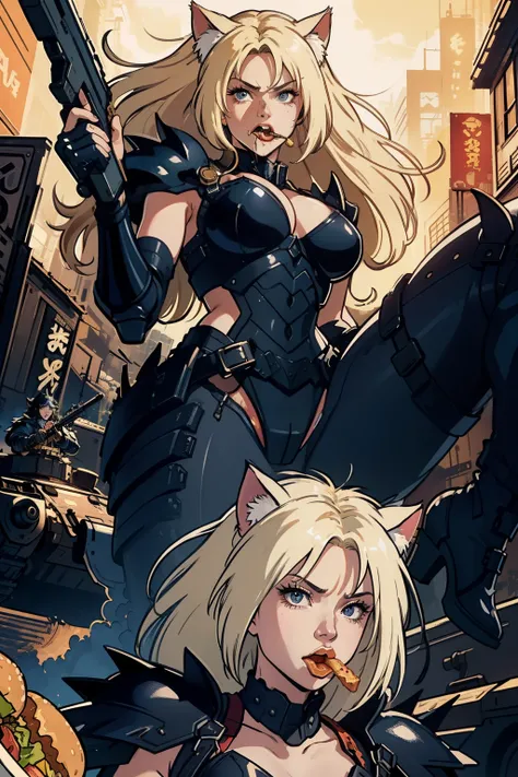 ((highest quality)), ((masterpiece)), (be familiar with), (High definition), 8K, perfect face、2 women、Two blonde women with cat ears、(eating a hamburger:1.0), (mouth wide open)、tall、2 Blonde cat ears、2. Long Hair、2. Volumetric hair style、big breasts、constr...