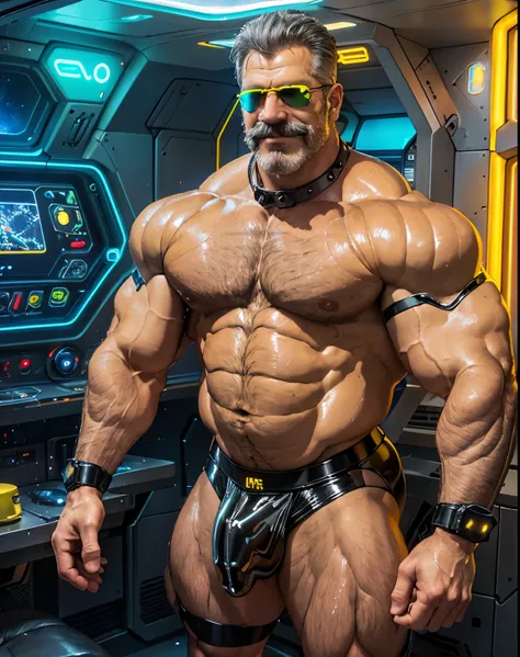 full body portrait, strong burly hairy mature older man(space captain), wearing futuristic captains uniform insignia (neon and black) (open and revealing) (latex) , gray hair, reflective sunglasses (neon yellow rims), broad shoulders, round belly, thick fe...