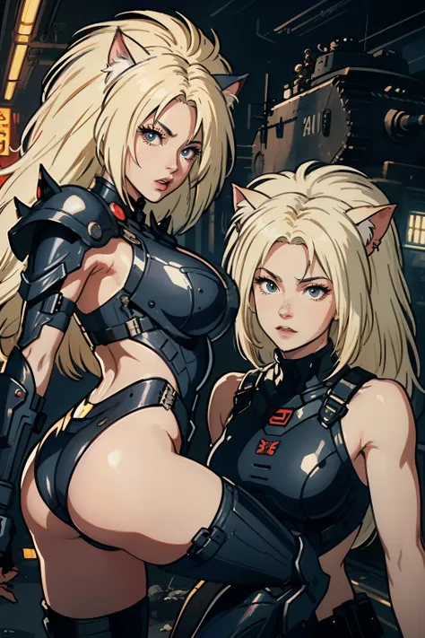 ((highest quality)), ((masterpiece)), (be familiar with), (High definition), 8K, perfect face、2 women、Two blonde women with cat ears、(Eating takoyaki:1.0), (mouth wide open)、tall、2 Blonde cat ears、2. Long Hair、2. Volumetric hair style、big breasts、constrict...