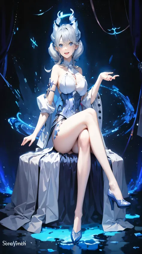 1girl, labrynth, silver hair, grey eyes, large breasts, full body, exposed thighs, exposed armpit, horns, cleavage, white dress, Ornate, laughing, night, moon, ivory, exquisite, chandelier, smug, hand over mouth,white interior