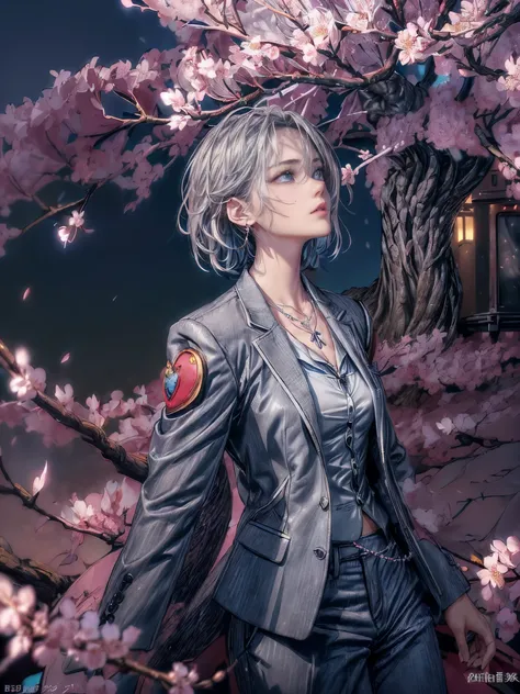 cinematic lighting、highest quality,Bright cyberpunk world、1 female、(25 year old beautiful woman、detailed beautiful facial 、short hair、shoulder length hair、blue eyes:1.4)break,medium hair、（vivid Shiny gray hair color:1.6）
break
 (Perfect dark grey jacket bl...