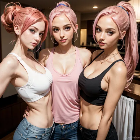 two girls at a party, tank top, low cut top, skinny jeans, looking at viewer, cleavage, small breasts, showing off big ass, pink hair, ponytail, liz katz, cece rose, dark eye makeup