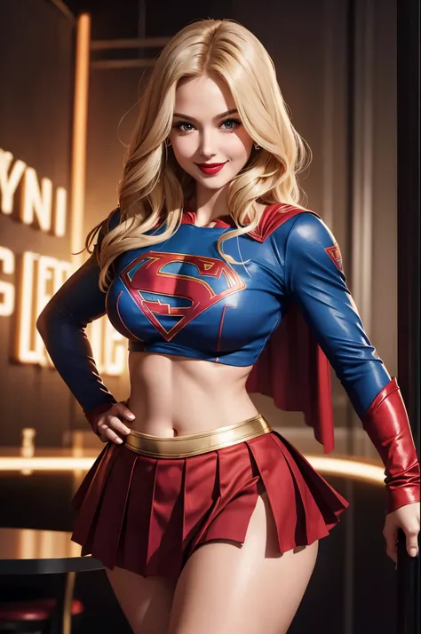 Supergirl, 28 years old, Beautiful woman long blonde hair, defined body, big breasts, big breasts, big breasts, Red lipstick, smiling slightly, hands free, Parading, (( cropped top short long sleeve and pleated skirt of supergirl)), strip club, dance pole,...