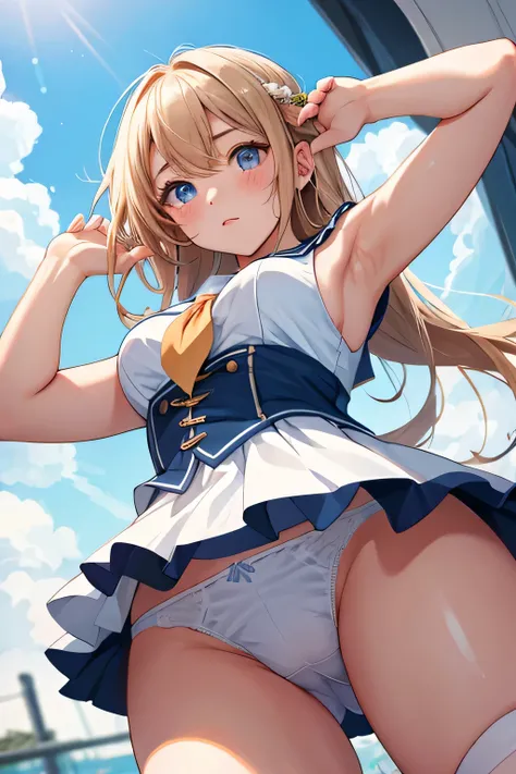 (highest quality:1.4)、High resolution、detailed background)、anatomically correct、attractive thighs、A low-angle close-up highlighting the crotch of her panties、Super close-up shot from directly below、beautiful teenage girl、Super detailed panty stitching、Deta...