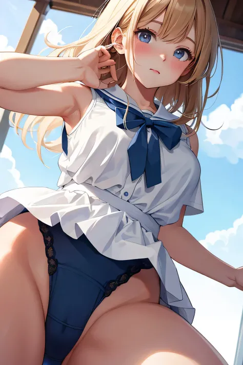 (highest quality:1.4)、High resolution、detailed background)、anatomically correct、attractive thighs、A low-angle close-up highlighting the crotch of her panties、Super close-up shot from directly below、beautiful teenage girl、Super detailed panty stitching、Deta...