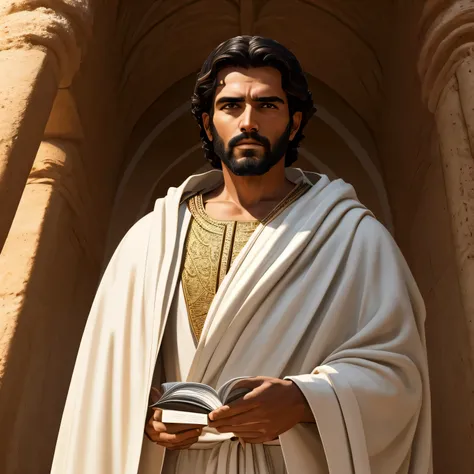 close-up portrait of Saint. Paulo, the apostle, in robes standing, face of complacency, maneira terna, Fundo do deserto, bright lighting behind the image, sandals, obra de arte, Melhor qualidade, ultra-detalhado, cinematic, , melhor sombra, inspirador.  