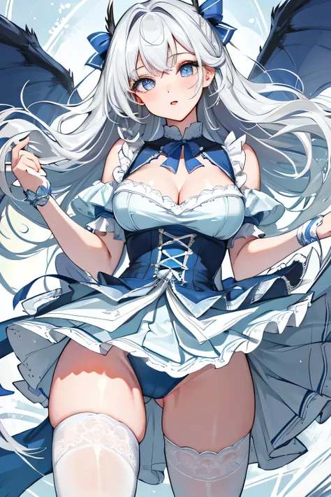 (highest quality:1.4)、High resolution、detailed background)、anatomically correct、attractive thighs、A low-angle close-up highlighting the crotch of her panties、Super close-up shot from directly below、beautiful girl、Super detailed panty stitching、Detailed cro...