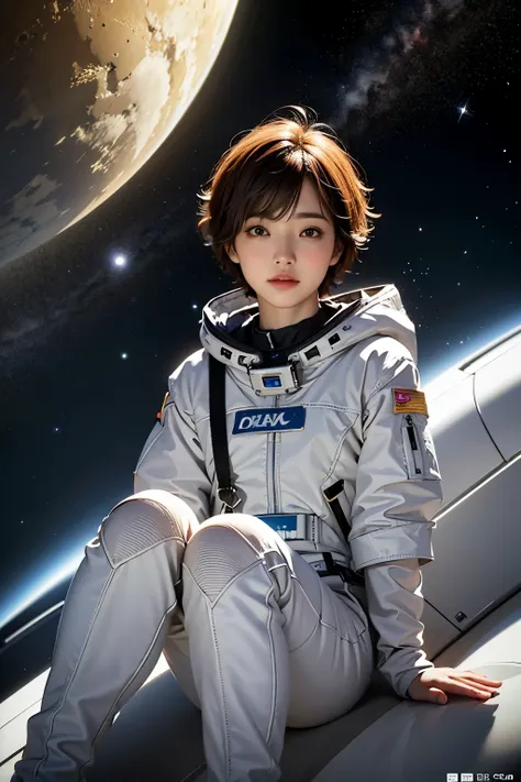 highest quality、masterpiece、ultra high resolution、(real:1.4)、Beautiful woman１、Beautiful details of eyes and skin、light brown short cut hair、small smile、Full space suit、space station、spaceship、cloudy sky、Sci-Fi Taste、