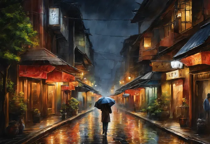 in the rain，A young man holding an umbrella walks on the streets of Tokyo, Japan，night，tall city buildings，Row after row，Neon lights flashing，bright lights，People walking on both sides of the street，city View、Light of the city、Osaka Castle in the distance,...