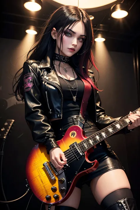 80s female hard rocker, hard dark gothic makeup,, black dark eye shadow, good skin glow, lame gothic makeup, dark smile, fragrant beauty, 80s heavy metal style long hair, red and yellow mixed hair color, top quality, colorful punk style jacket, leather hot...