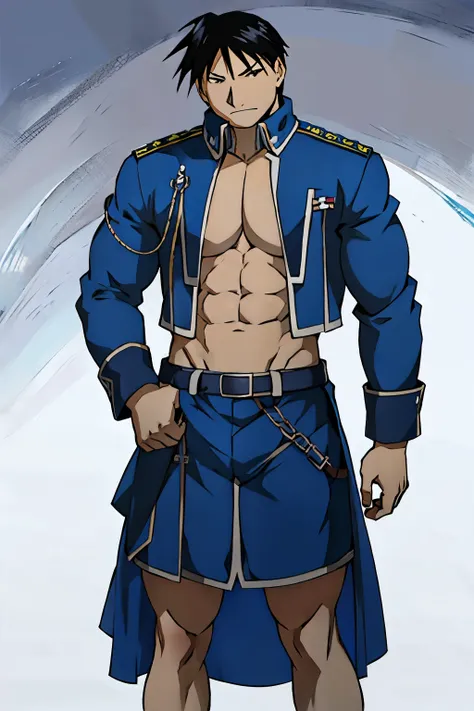 Roy Mustang from Full Metal Alchemist, wearing blue skirt, bodybuilder, defined body, shirtless, abs