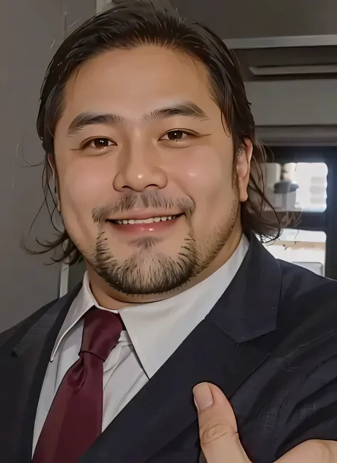 an asian middle aged man, with brown beard, smiling, brown long hair, wearing a suit, no moustache, realistic
