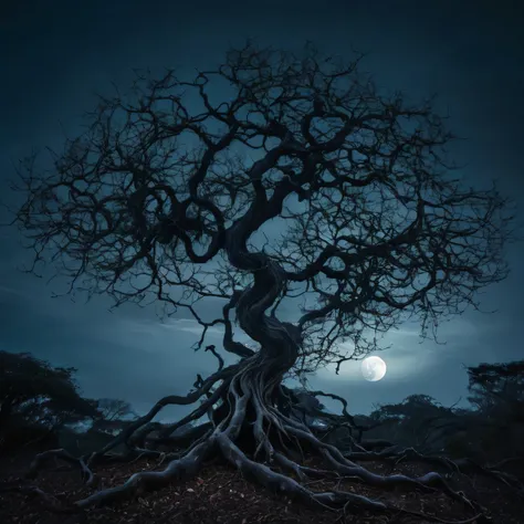 A dark and eerie image of a twisted tree with seven branches, each one bearing a different fruit representing a different sin, with a haunting moon in the background.