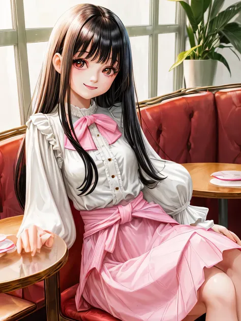 sitting on a chair in a stylish cafe　A young cute girl with shiny long hair and bangs　Smile and laugh　Upper body from the waist up　Idol type with big eyes　White long sleeve blouse and pink long skirt　highest quality　High resolution