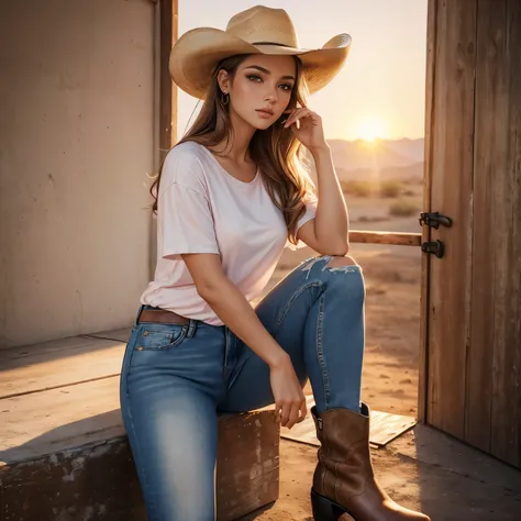 (high quality, masterpiece:1.1), (realistic:1.4), intense captivating eyes, pink blush touches on makeup, full body pose, white T-shirt, cowboy hat, denim jeans, leather boots, dusty background, golden sunset lighting, medium:oil painting